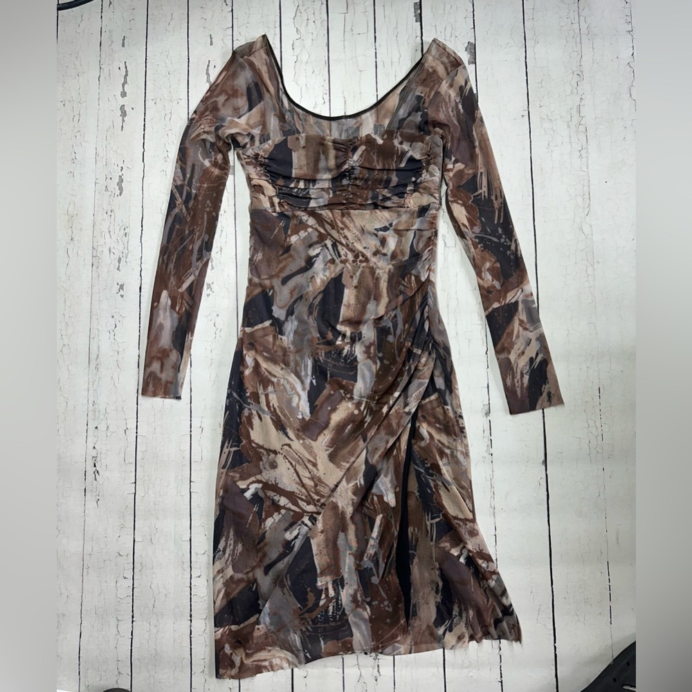 Weston Wear Long Sleeve Abstract Print Dress in Brown and Black size S